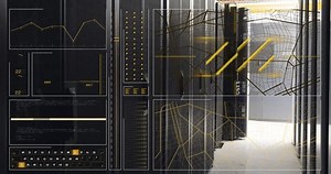 Animation of graph, loading circles and bars, lines, navigation pattern over server room. Digital composite, multiple exposure, report, business, progress, direction, technology, network server.