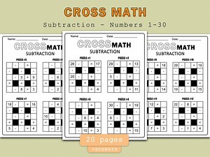 Cross Math Puzzles | Subtraction Numbers 1-30 | Printable Math Worksheets, Educational Resources & Activities - Etsy