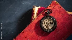 Time lapse pocket watch on old book. Top view and copy space for text. Concept of time and education.
