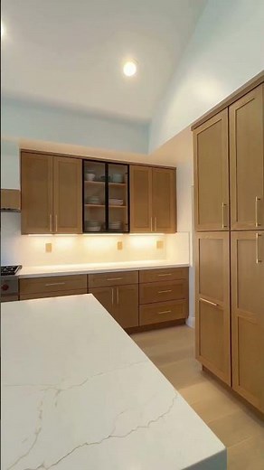 Warm Wood Kitchen Ideas | Modern Oak Kitchen Cabinets with Built-In Refrigerator Surround
