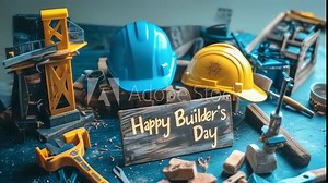 A "Happy Builder's Day" sign is surrounded by various construction tools and two helmets on a workbench. The scene is lively and bustling, capturing the celebration of construction workers.