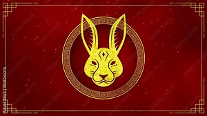 Motion graphic of Golden rabbit logo with chinese new year and year of the Rabbit 2023 on dark red background and glitter particle in a happy new year concept abstract background seamless loop video