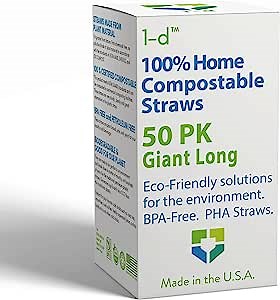 1-D USA Made Marine Biodegradable & Home Compostable - The World's Most Eco Friendly Straw - NEW Plastic Alternative PHA Canola Oil Disposable Individually Paper Wrapped Straws | Giant Long | 50 Pack