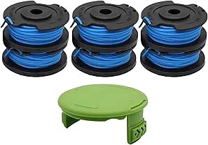 6 Pack Weed Eater Spool for Greenworks 21332 21342 24V 40V 80V Trimmer 16ft 0.065” Single Line String Trimmer Replacement Spool 29252 with 3411546A-6 Spool Cap Covers (6 Spools, 1 Cap)