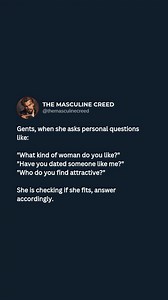 Answer with intention. What you say shapes how she sees her place with you. When she asks questions like: “What kind of woman do you like?” “Have you dated someone like me?” “Who do you find attractive?” She’s not being curious. She’s qualifying herself. Those aren’t random questions. They’re alignment checks. She’s measuring whether she fits your standards, your past, your preferences. Men talk to gather information. Women ask questions to test position. Follow for more dope content •Follow @th