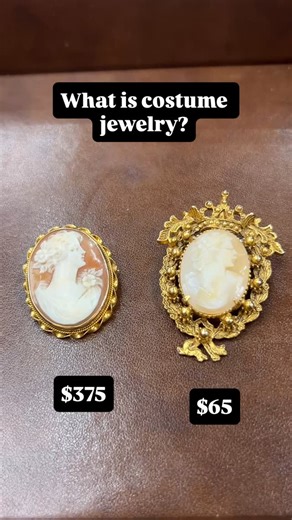 One of the most common questions in store is “What is vintage costume jewelry?” Here is the answer: the vintage costume jewelry is designed to replicate real jewelry pieces using base materials like glass, plastic, and base alloy. Do you notice the difference between a gold piece and the real shell and plastic version by Florenza? #antiquesbyanna #vintagejewelry #vintagecostumejewelry #vintagejewelry #cameo #jewelryhistory #jewelrydesign #jewelryinspo | Antiques by Anna