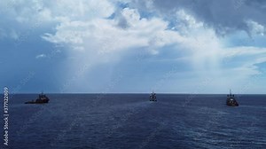 Offshore supply vessels tow the rig to the offshore location