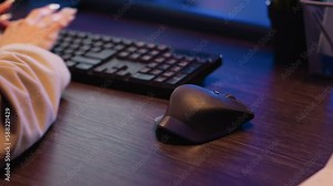 Female worker typing marketing report online, working on investment strategy for business development. Management advisor checking financial statistics and analytics at desk. Close up.