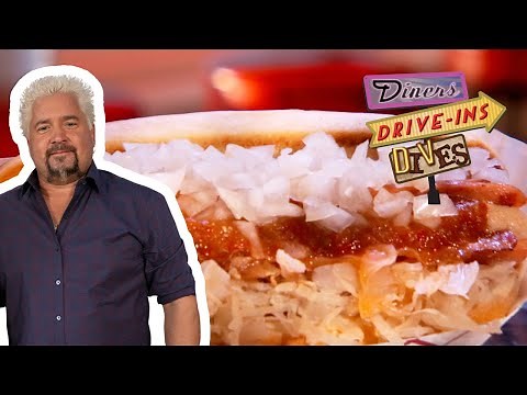 Guy Fieri Tries a "New Englander" Hot Dog | Diners, Drive-Ins and Dives | Food Network