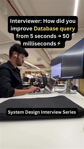 Bhavesh vaswani on Instagram: "⚡️Famous Interview Problem: How did you reduce a Database Query time from 5 seconds → 50 milliseconds? 💬 Detailed PDF link in Bio OR comment "🔥" to get link ⸻ 1️⃣ Find the Slow Part (Profiling) 🕵️‍♂️ 𝐃𝐞𝐟𝐢𝐧𝐢𝐭𝐢𝐨𝐧 : Identify what’s actually slow — full scan, missing index, or heavy join. 𝐄𝐱𝐚𝐦𝐩𝐥𝐞 : Like checking