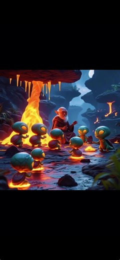 The Volcanic Classroom👽 Deep within the heart of a glowing volcanic cavern, an ancient elf sage guides a circle of wide-eyed baby aliens—each with glowing eyes and turtle-like shells—through the timeless art of mind-controlled fire. As molten lava drips from the ceiling and the cavern pulses with radiant orange light, sparks of raw energy swirl through the air. With each flicker of success, the young aliens’ shells glow brighter, signaling their growing power. This mystical lesson in the heart 