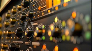 Detailed view of a sound board featuring numerous control knobs and buttons, Compare and contrast key performance indicators across different departments