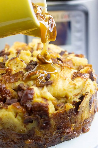 This Instant Pot Bread Pudding with Pecan Caramel Glaze is perfect to make in your Instant Pot. The bread pudding stays moist and delicious and is topped with a sweet and nutty pecan caramel glaze. https://myforkinglife.com/instant-pot-bread-pudding-with-pecan-caramel-glaze/ | My Forking Life with Tanya Harris