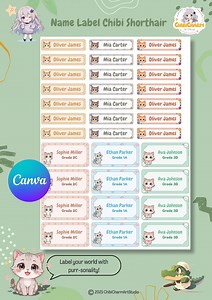 Domestic Cat Name Labels for Kids School Supplies, Cute Chibi Cat Stickers, Personalized Waterproof Name Labels - Etsy Australia