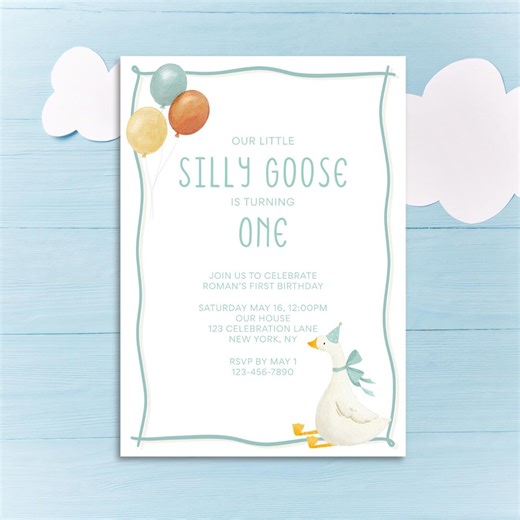 Silly Goose First Birthday Invitation, Editable Template (Digital Download)