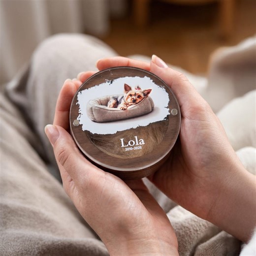 Walnut Dog Memorial Box | Round Pet Fur Keepsake With Custom Photo Loss Gift - Etsy