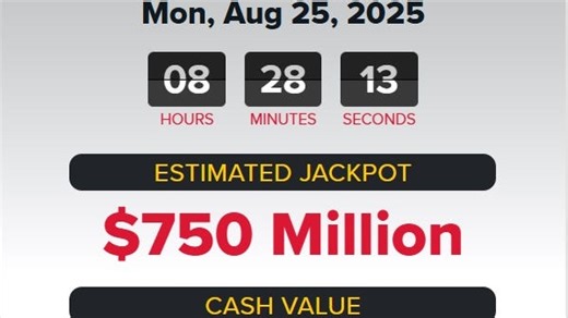 Powerball winning numbers for Monday, Aug. 25, 2025. Jackpot $750 million