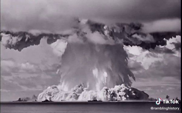 A mushroom-shaped cloud and water column emerges from the underwater 'Baker' nuclear explosion on 25th July, 1946. Part of Operation Crossroads, the Baker Test was one of two nuclear tests carried out by the United States at Bikini Atoll in 1946. #history #historytime #historybuff #historyfacts #bikiniatoll #us #military #nucleartest #usa #historia #historias #historytiktok #historytok