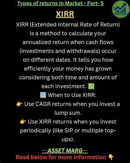 Ankur Verma - Finance & Investing on Instagram: "💰 XIRR Returns in Mutual Funds Explained Simply! 📈💡 Most investors know about CAGR, but when it comes to SIPs (Systematic Investment Plans) — there’s a smarter metric called XIRR (Extended Internal Rate of Return) 😎. It’s the most accurate way to measure your actual mutual fund returns when you invest different amounts at different times! 💸⏳ --- 📘 Correct Definition: XIRR (Extended Internal Rate of Return) is a method to calculate your annua