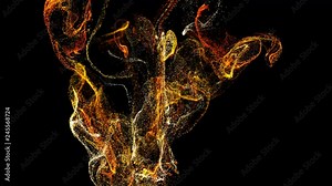 4k background, animation of complex particles simulation advection with turbulence streams, twirl and curl in viscous fluid in slow motion with deph of filed as alpha channel luma matte. fire color 3