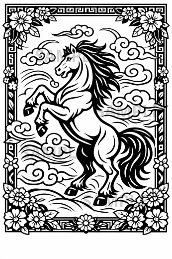 Chinese Paper-cut Horse Coloring Page, Rearing Stallion, Lunar New Year, Thick Lines, Printable PNG PDF, Kids & Adults, Year of the Horse - Etsy