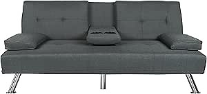 Futon Sofa Loveseat Convertible Sleeper Couch Bed Daybed Loveseat, Folding Recliner with 2 Cup Holders, Metal Legs, Removable Soft Pillow-Top Armrest for Living Room Small Place