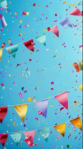 A colorful banner with a blue background and a lot of confetti. The banner is decorated with many different colored flags and ribbons