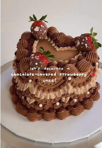 Mia Starr ⭐️ (@miastarrcakes) - Chocolate covered strawberry cake 🍓🎂 #vintagecake #galentines #cakedecorating #heartcake #chocolate #satisfying