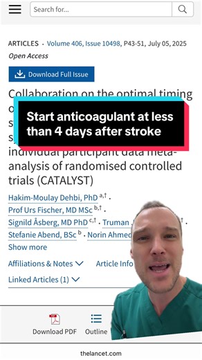 When you have a stroke in nature fibrillation, you need to put on anticoagulation, but you’re stuck between a rock and a hard place because if you start anticoagulation too soon, then you’re at risk for hemorrhagic stroke but if you start it too late, then you’re at risk for a recurrent event This med analysis of randomized control trials look to see what was the perfect timing and it appears that starting your anticoagulation at less than four days is the magic sauce and the magic area of time 