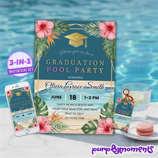 Tropical Graduation Pool Party Invitation Set Editable Template Grad Party Invite Digital Class of 2026 Hibiscus Floral - Etsy