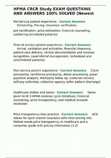 Latest HFMA CRCR Study EXAM QUESTIONS AND ANSWERS 100 SOLVED Newest video