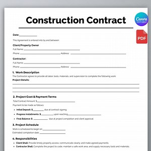 Editable Construction Contract Agreement Template, Construction Agreement Form, Printable Construction Contract,canva Template - Etsy