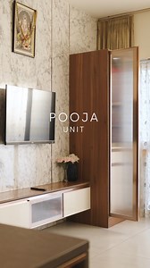 Experience devotion redefined with timeless style. This serene pooja mandir for home beautifully balances modern aesthetics and traditional grace, featuring a CNC-cut jali, elegant pocket doors, and a peaceful, soulful corner. [pooja unit designs, pooja mandir for home, puja unit, pooja room designs] | Decorpot