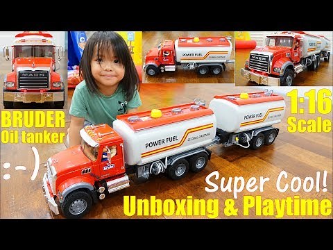 Children's TOY TRUCKS: New Bruder Truck! A MACK Oil Tanker Toy Truck Unboxing and Playtime