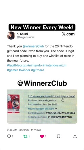$20 Nintendo Giveaway Winner Gift Card Code on March 29th, 2026
