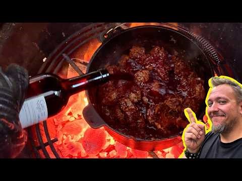 LUXURY GOULASH prepared over a fire in a cast iron pot