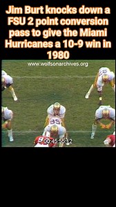 September 27, 1980: University of Miami nose tackle Jim Burt (#83) knocks down a pass by Florida State quarterback Rick Stockstill on a 2-point conversion attempt to preserve a 10-9 Canes victory at the Orange Bowl. This video is from the Lynn and Louis Wolfson II Florida Moving Image Archives #orangebowl #GoCanes #ItsAllAboutTheU | Ghosts of the Orange Bowl