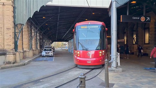 Here's a CAF Urbos Tram arriving and departing from Central Railway Station Sydney. Line L1 to Dulwich Hill departs from the top level of the station concourse. | Schony747 Youtube & DVD