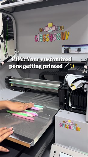 ASMR Alert 🎧✨ From plain to personalized! Take a behind-the-scenes look at how we print customized pens using our UV printer. So satisfying to watch! 😍 #fypシ #uvprint