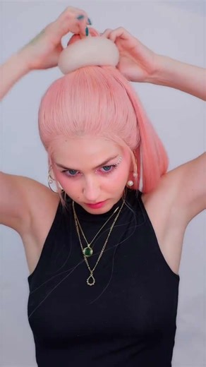 Sleek high bun transformation with my pink wig