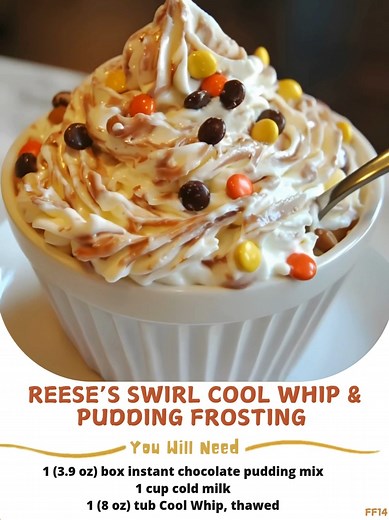 Reese’s  Swirl Cool Whip & Pudding Frosting – Fluffy, Creamy, Peanut Butter Heaven 籠  Ingredients: • 1 (3.9 oz) box instant chocolate pudding mix • 1 cup cold milk • 1 (8 oz) tub Cool Whip, thawed ..... Full Recipe in Coʍmеոτ  黎 | Easy Recipes | Facebook