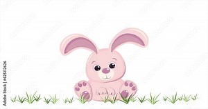 Happy Easter 4K animated greeting card with pink rabbit, pastel colored painted eggs, grass and cute blue descending lettering. Stock horizontal video in 4K, 2K, 2.5 K, HD, SD formats. Stock Video