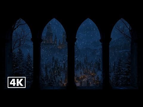 Winter Night at Hogwarts in 4K ❄️ Window View, Blizzard Sounds & Harry Potter Ambience for Sleep