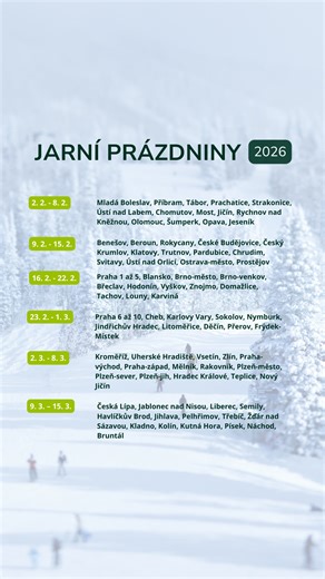 Dovolená za benefity - ehotel on Instagram: "🏔️ Kdy letos vyrazit na hory? Máme jasno! Jarní prázdniny 2026 klepou na dveře a my pro vás máme kompletní přehled termínů (únor–březen) pro všechny okresy přehledně v grafice. ❄️🎿 🏨 Naplánujte si zimní dovolenou včas a nenechte ty nejlepší chaty a hotely ostatním. Ať už se chystáte na lyže s rodinou nebo na wellness v zasněžené přírodě, nezapomeňte, že naši síť ubytování můžete uhradit svými zaměstnaneckými benefity. Pro nejširší výběr ubytování n
