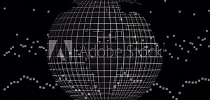 Rotating globe with grid lines and pixelated squares, digital world animation