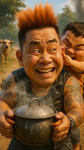 🔥 คลิปฮาแตก! พี่ไบเกอร์ไทยยกหม้อข้าวร้อนโดนเด็กดึงหู