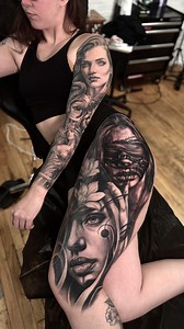 Full arm sleeve and upper leg project completed in around 90 hours of work. The Greek mythology themed arm displays Medusa and Athena with more elements on the inner arm. The leg project depicts the cultural motif “hear no evil, see no evil, speak no evil” Thanks to my client Danielle for trusting me with my work, and giving me so much creative freedom! Done using @bishoprotary @tattoostencilpro.app @hornetarttattoosupply #tattoo #tattooartist #realismtattoo #tatuaje #tatuagem | Dayan Torres Art