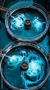 Two large tanks of water with a blue color. The tanks are connected to each other Stock Video