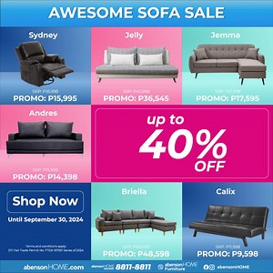9.5K views · 11 reactions | Get up to 40% OFF on your favorite sofas. Whether you want something stylish or super comfy, we’ve got it all! Hurry, the sale ends September 30, 2024! ⏳ Shop online: https://bit.ly/3Yr7y3y Personal Shoppers: bit.ly/abensonHOME-Viber Over 50 stores in Luzon, Visit us: bit.ly/abensonHOMEStores | Abenson HOME Furniture | Facebook