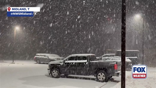 SNOW STACKING UP❄️: Rapid snowfall in Midland, Texas, is covering cars and streets. NWS said this snow band was producing 1-2 inches per hour overnight, urging drivers to be cautious, as conditions are unlikely to clear up with temperatures remaining in the teens. #snow #Oklahoma #winterstorm #FoxWeather | FOX Weather